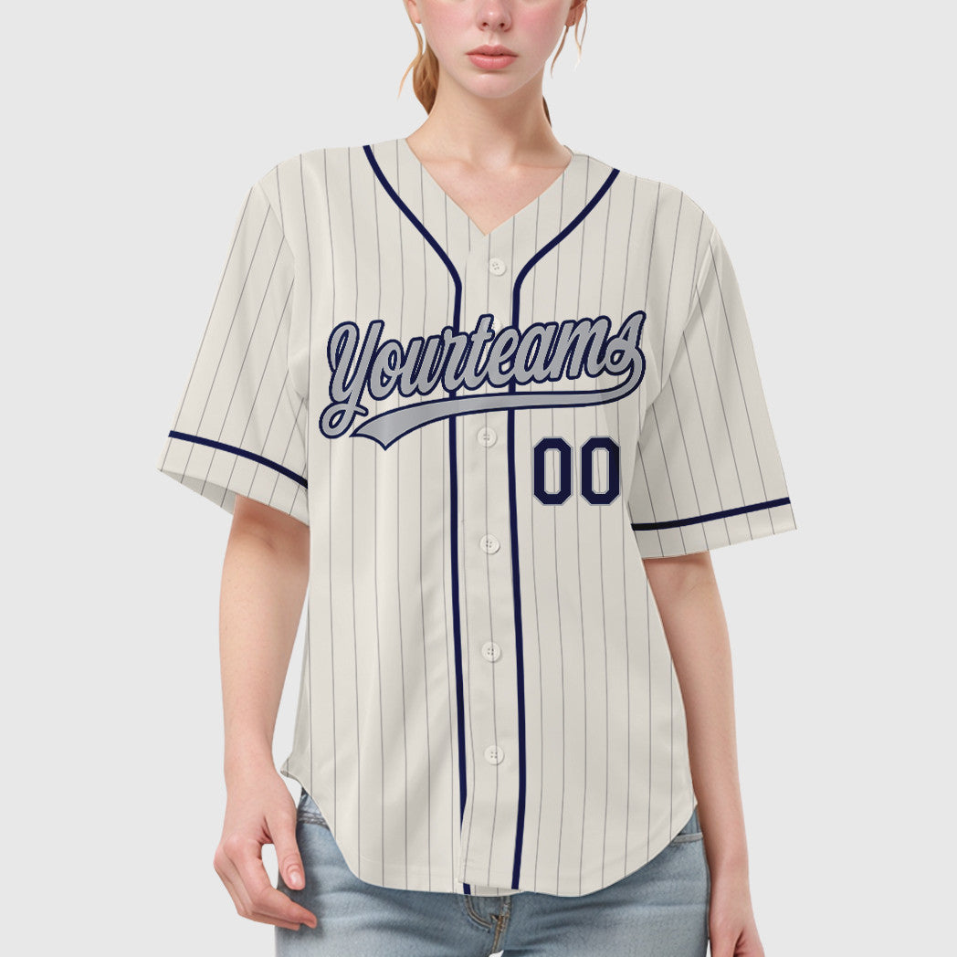 Custom Cream Gray Navy Piping Pinstripe Baseball Jersey