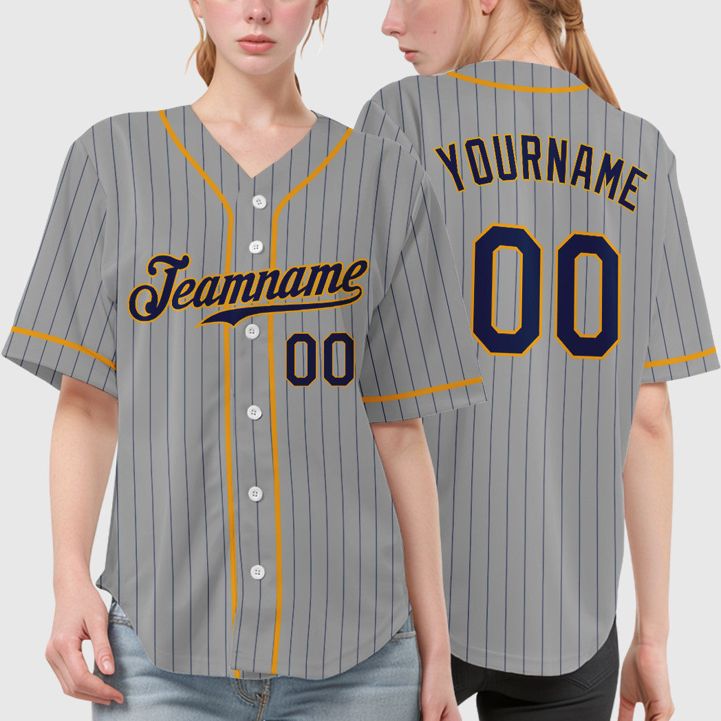 Custom Gray Navy Navy-Gold Piping Pinstripe Baseball Jersey