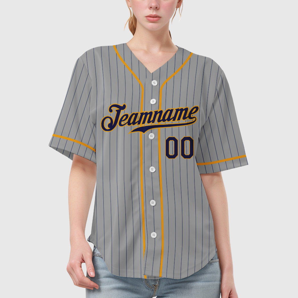 Custom Gray Navy Navy-Gold Piping Pinstripe Baseball Jersey