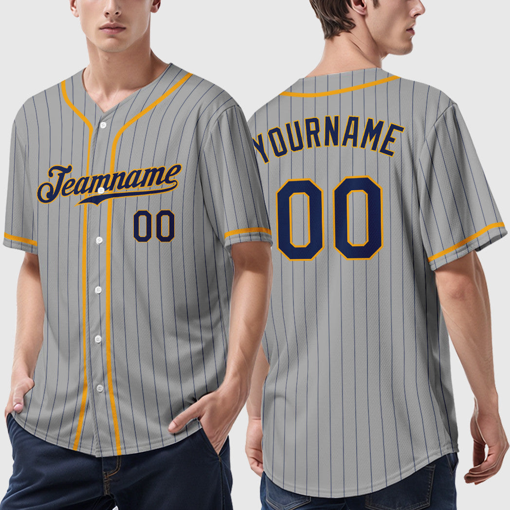 Custom Gray Navy Navy-Gold Piping Pinstripe Baseball Jersey