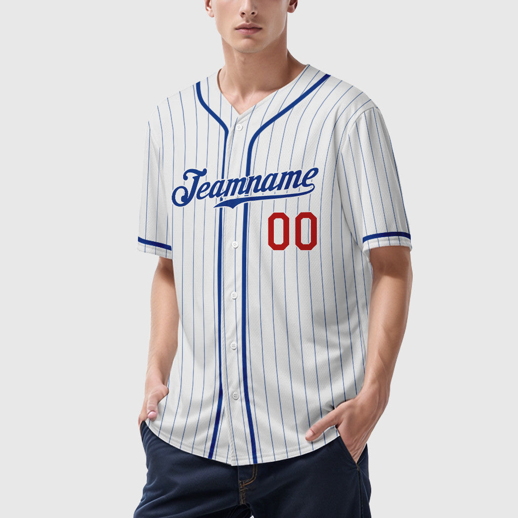Custom White Royal Red Piping Pinstripe Baseball Jersey