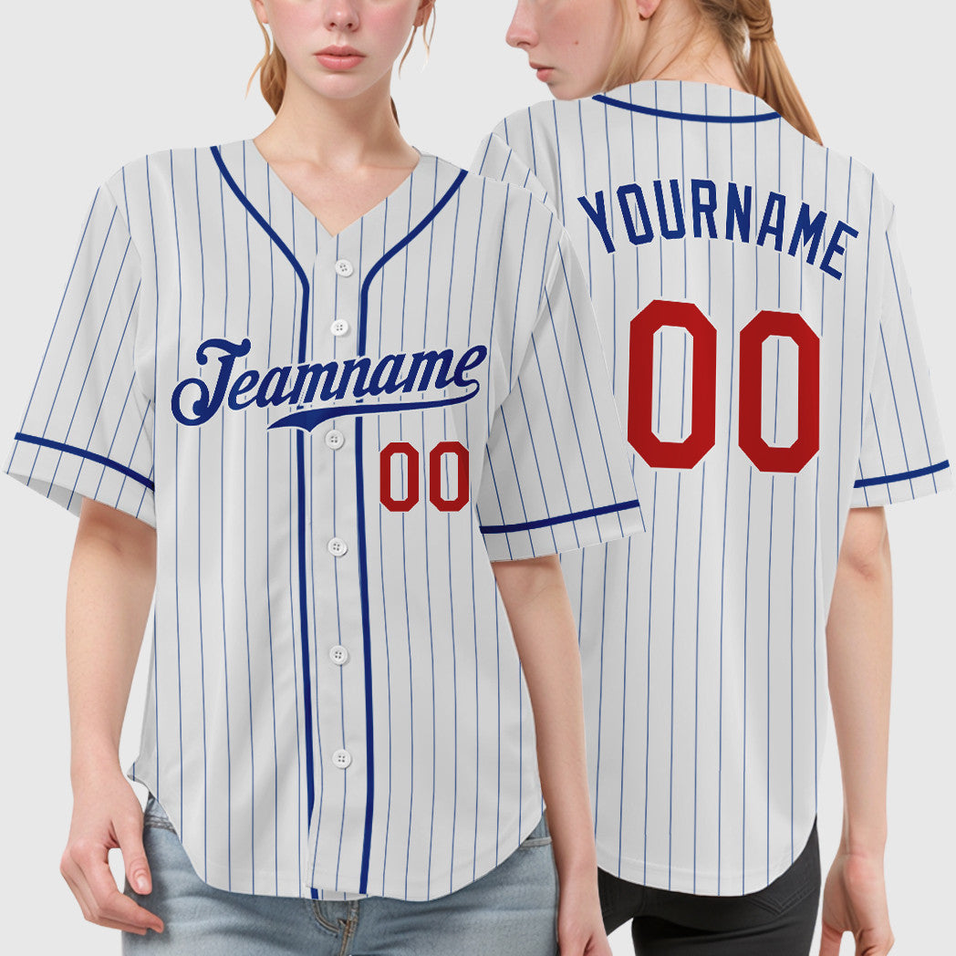 Custom White Royal Red Piping Pinstripe Baseball Jersey