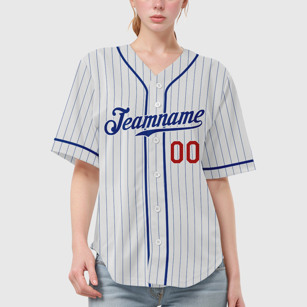 Custom White Royal Red Piping Pinstripe Baseball Jersey