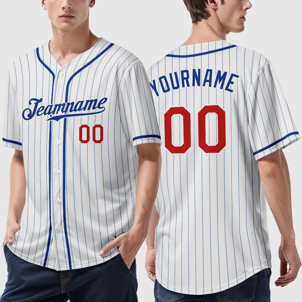 Custom White Royal Red Piping Pinstripe Baseball Jersey