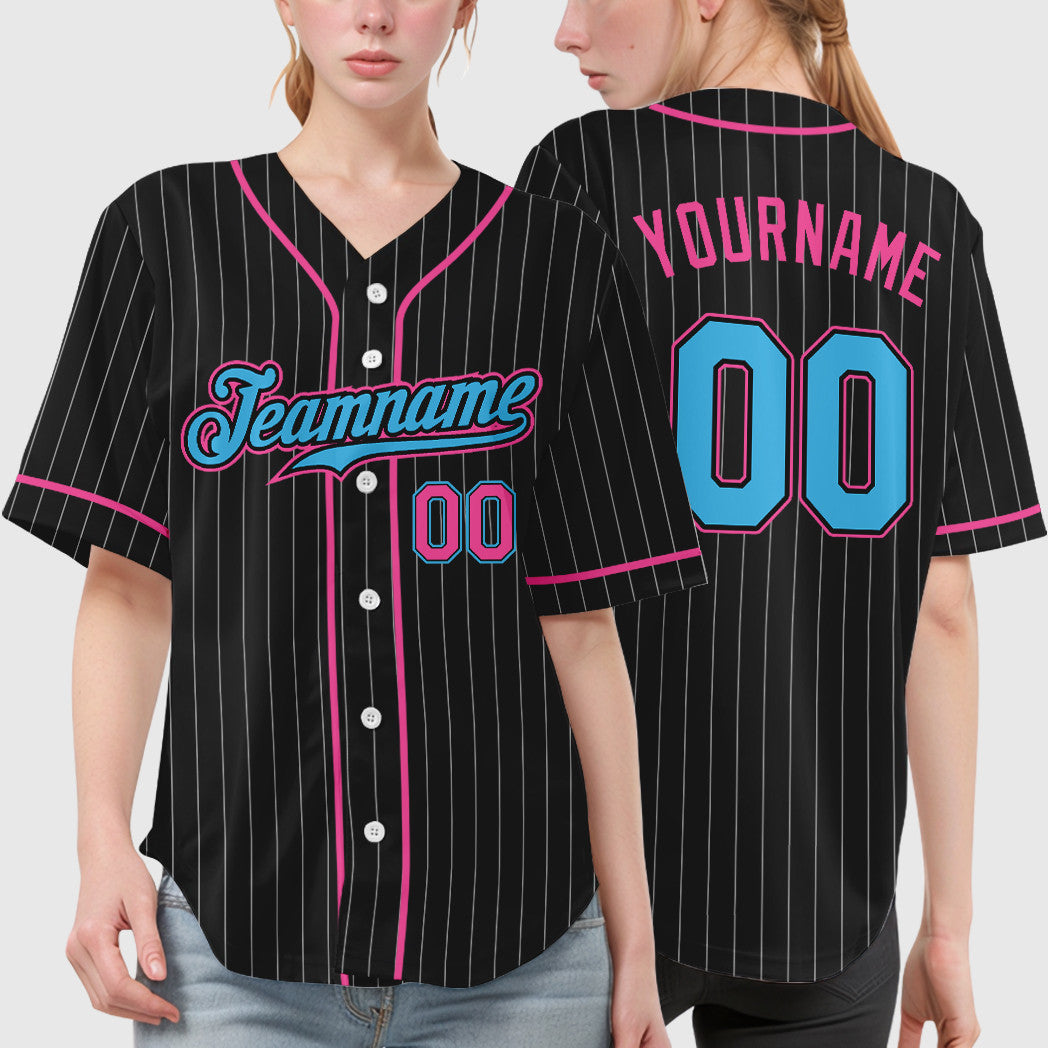 Custom Black White Sky Blue-Pink Piping Pinstripe Baseball Jersey