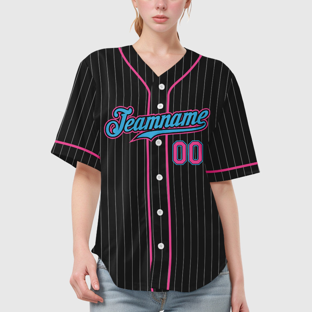 Custom Black White Sky Blue-Pink Piping Pinstripe Baseball Jersey