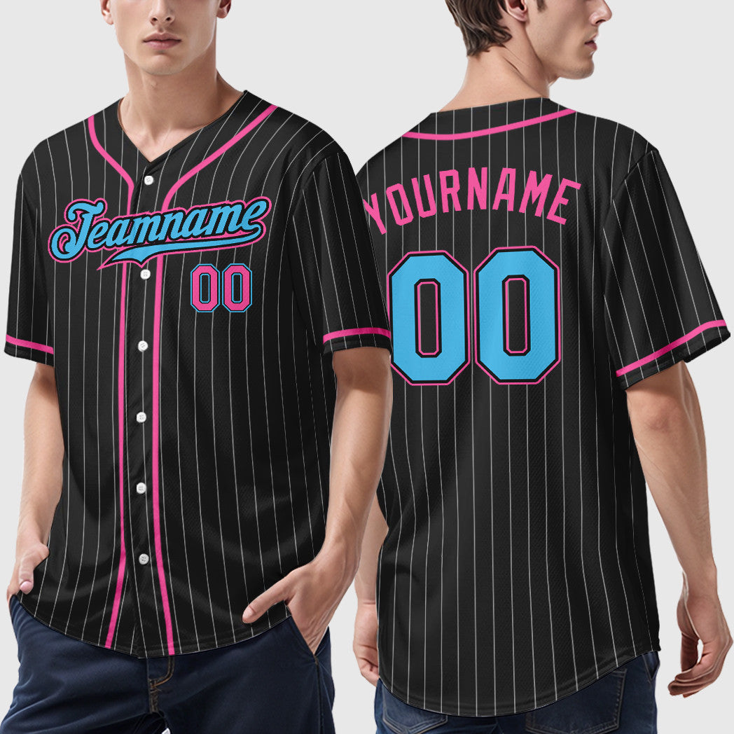 Custom Black White Sky Blue-Pink Piping Pinstripe Baseball Jersey