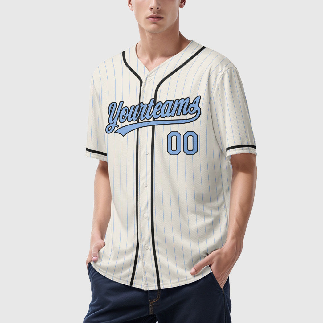Custom Cream Light Blue Black Piping Pinstripe Baseball Jersey