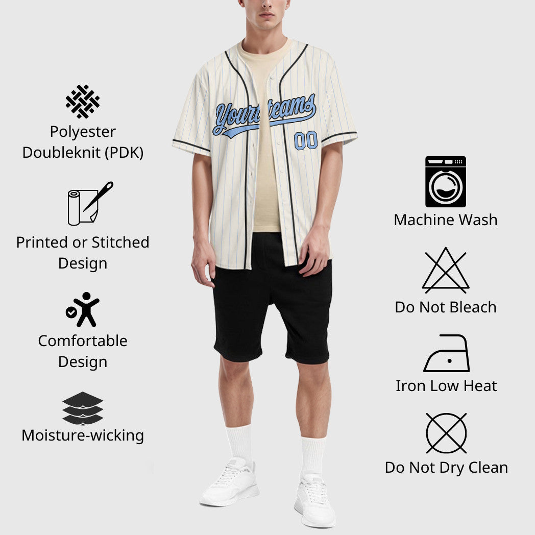 Custom Cream Light Blue Black Piping Pinstripe Baseball Jersey