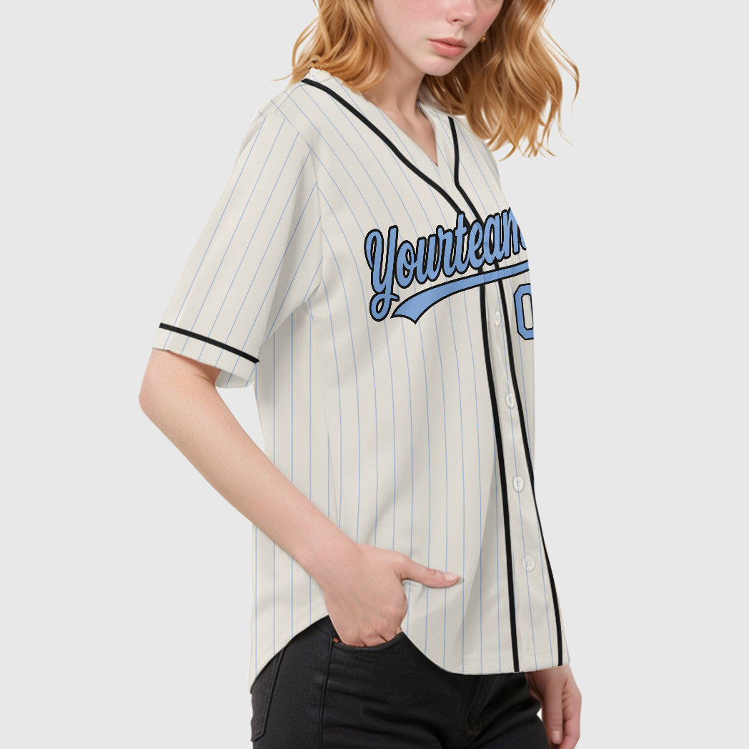 Custom Cream Light Blue Black Piping Pinstripe Baseball Jersey