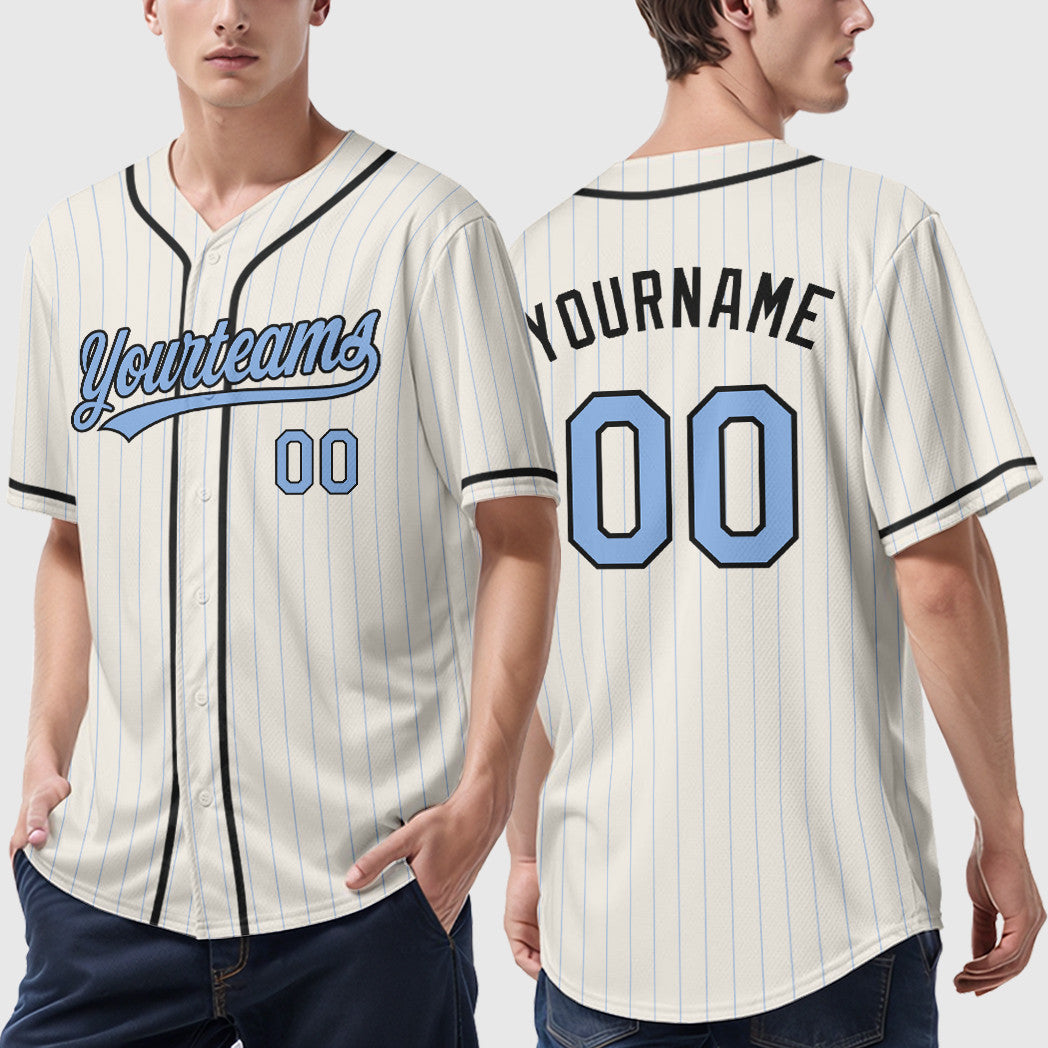 Custom Cream Light Blue Black Piping Pinstripe Baseball Jersey
