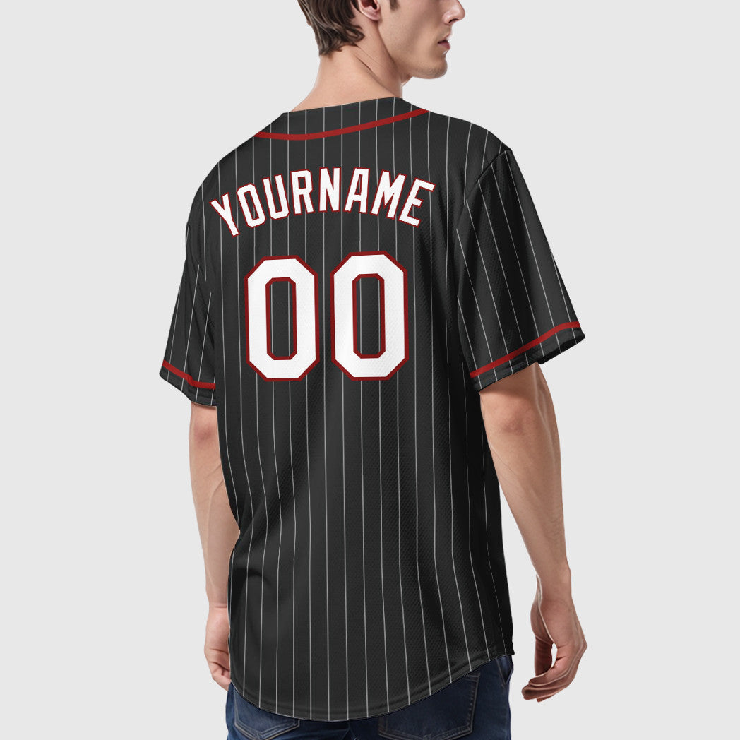 Custom Black White White-Red Piping Pinstripe Baseball Jersey