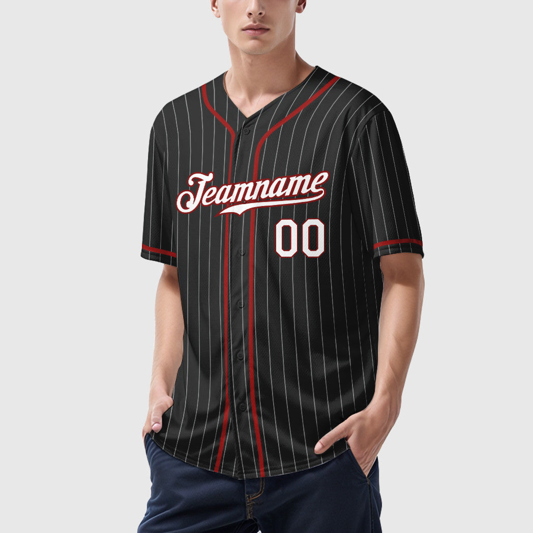 Custom Black White White-Red Piping Pinstripe Baseball Jersey