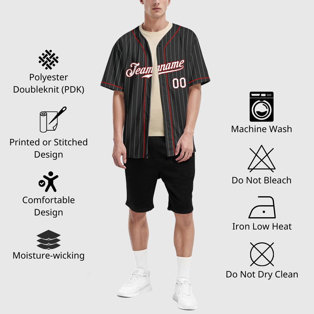 Custom Black White White-Red Piping Pinstripe Baseball Jersey