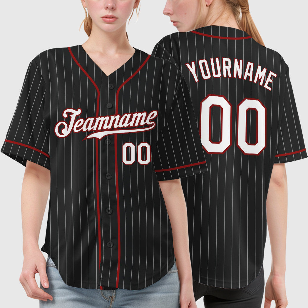 Custom Black White White-Red Piping Pinstripe Baseball Jersey