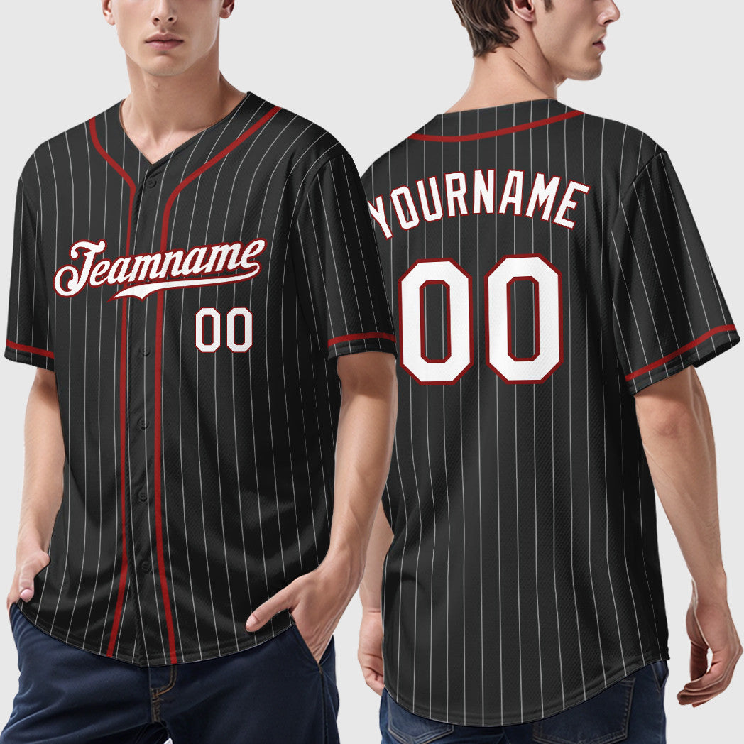 Custom Black White White-Red Piping Pinstripe Baseball Jersey