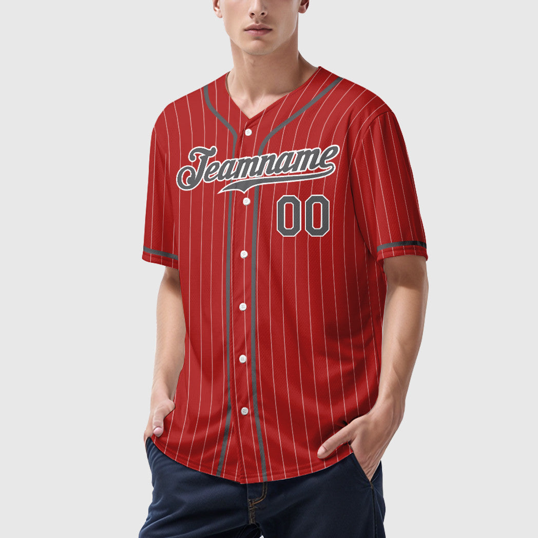Custom Red White Steel Gray Piping Pinstripe Baseball Jersey