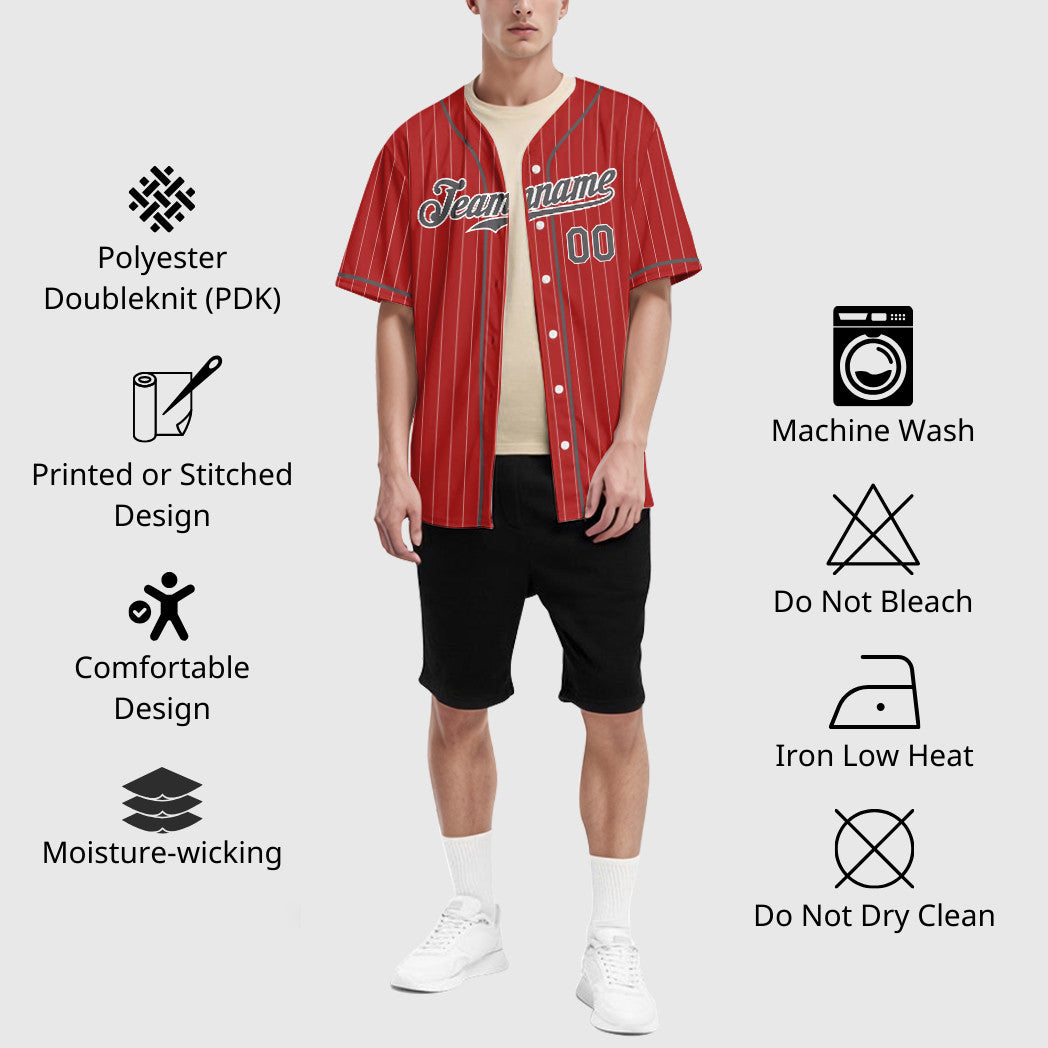 Custom Red White Steel Gray Piping Pinstripe Baseball Jersey