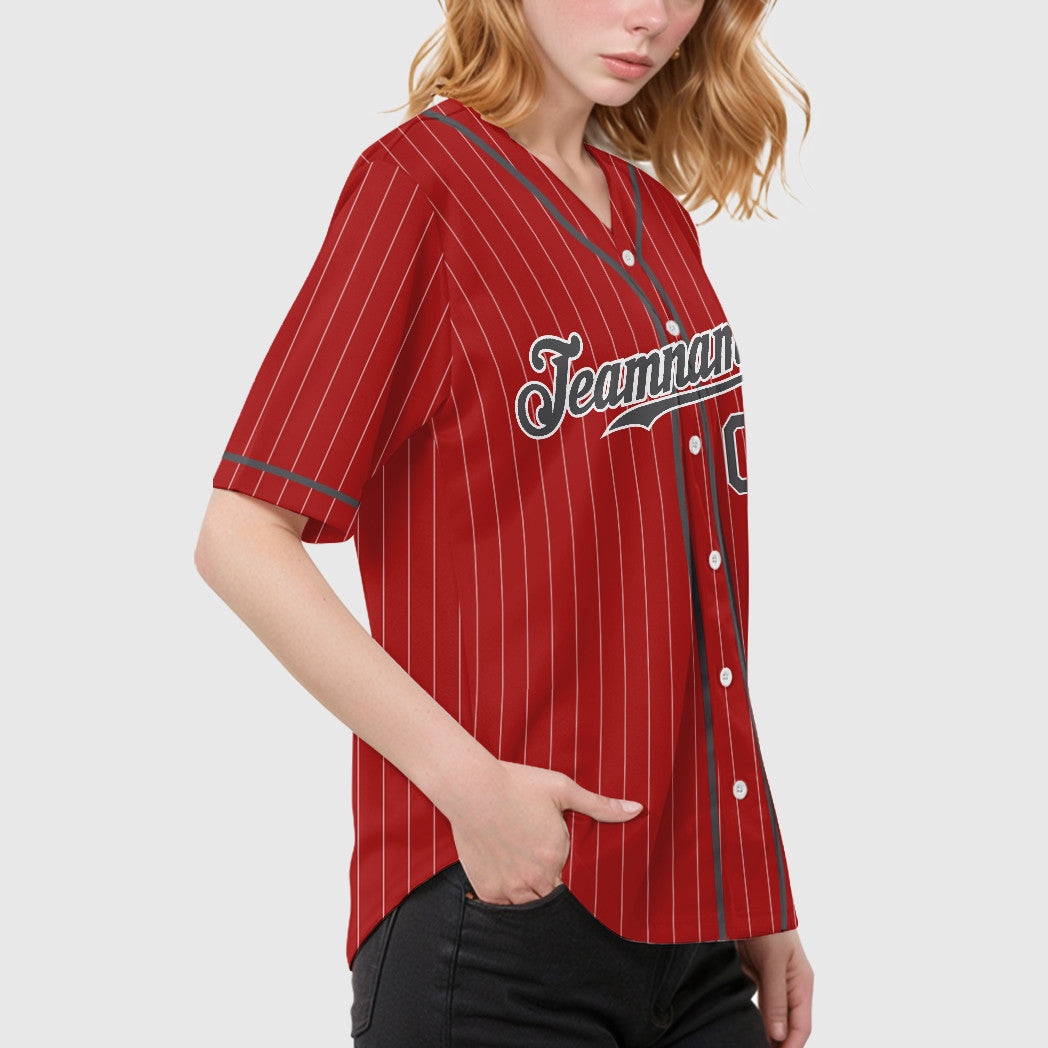 Custom Red White Steel Gray Piping Pinstripe Baseball Jersey