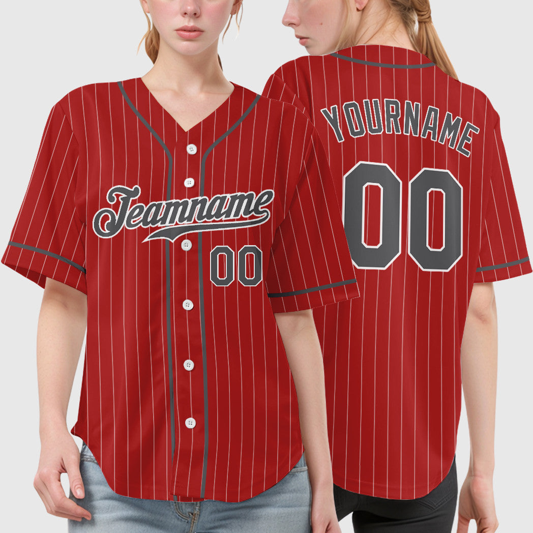 Custom Red White Steel Gray Piping Pinstripe Baseball Jersey