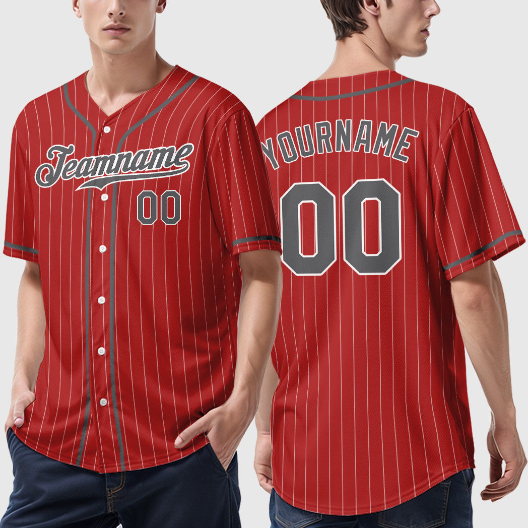 Custom Red White Steel Gray Piping Pinstripe Baseball Jersey
