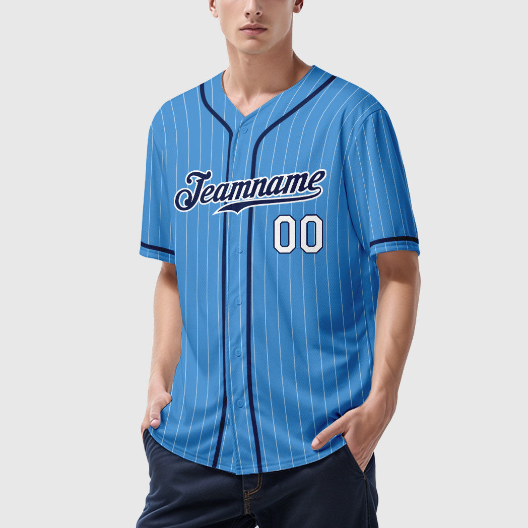 Custom Powder Blue White Navy-White Piping Pinstripe Baseball Jersey
