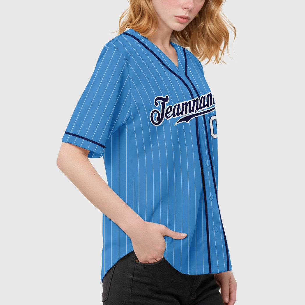 Custom Powder Blue White Navy-White Piping Pinstripe Baseball Jersey