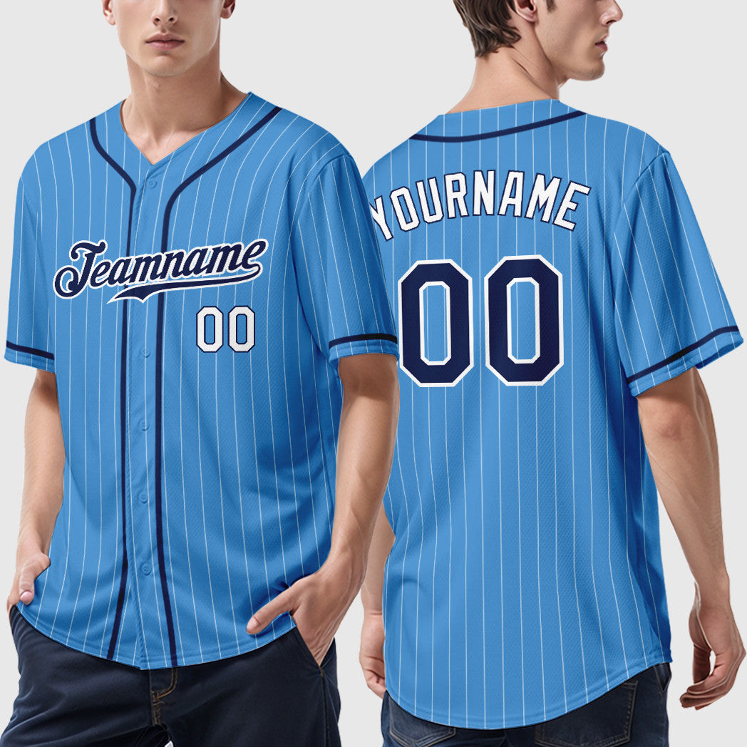 Custom Powder Blue White Navy-White Piping Pinstripe Baseball Jersey