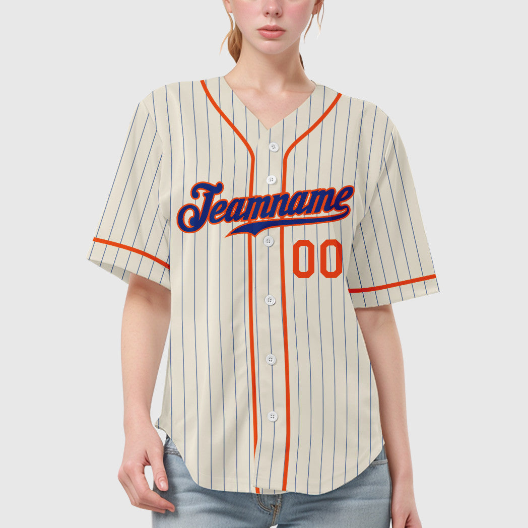 Custom Cream Royal Royal-Orange Piping Pinstripe Baseball Jersey