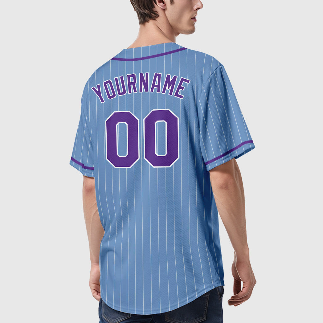 Custom Powder Blue White Purple Piping Pinstripe Baseball Jersey