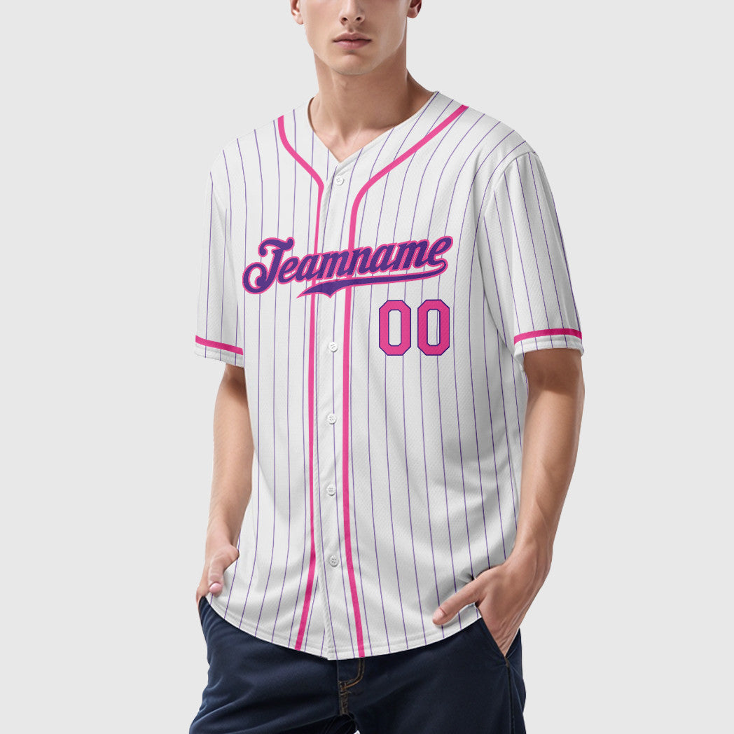 Custom White Purple Pink Piping Pinstripe Baseball Jersey