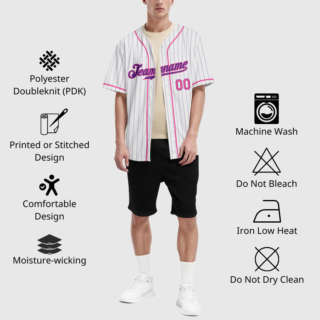 Custom White Purple Pink Piping Pinstripe Baseball Jersey