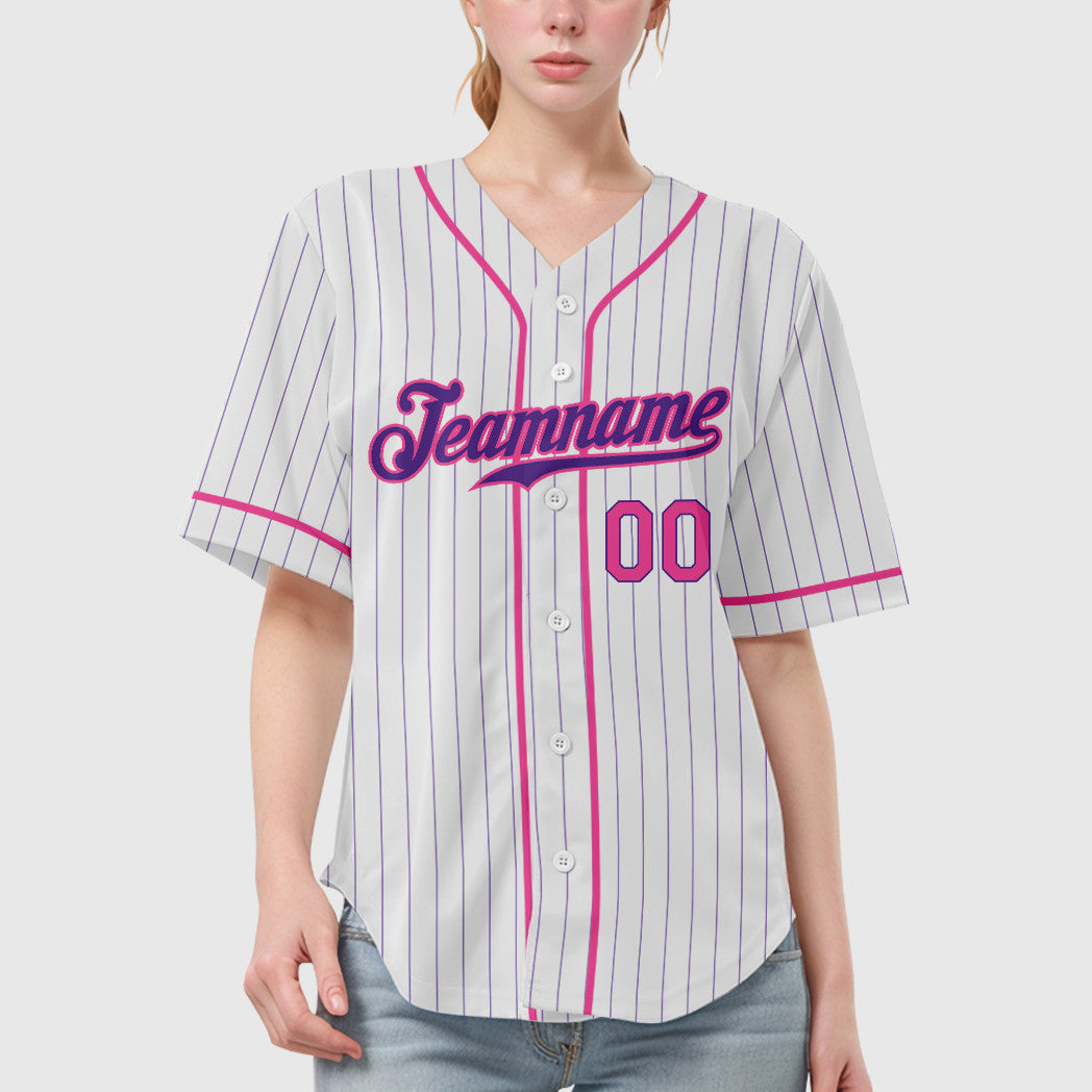 Custom White Purple Pink Piping Pinstripe Baseball Jersey
