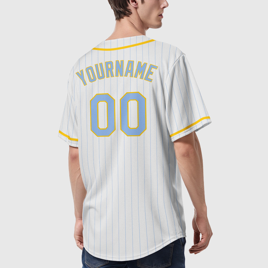 Custom White Light Blue Light Blue-Yellow Piping Pinstripe Baseball Jersey
