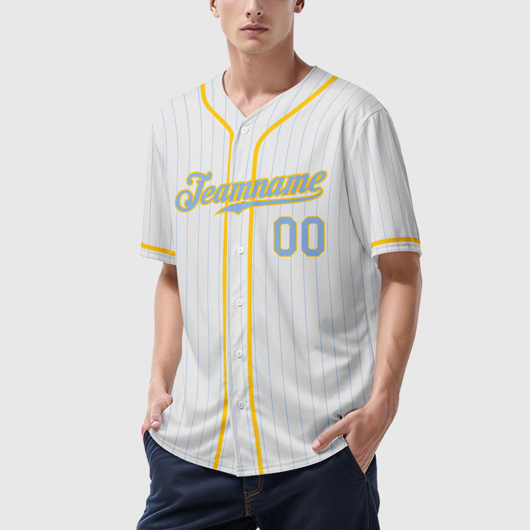 Custom White Light Blue Light Blue-Yellow Piping Pinstripe Baseball Jersey