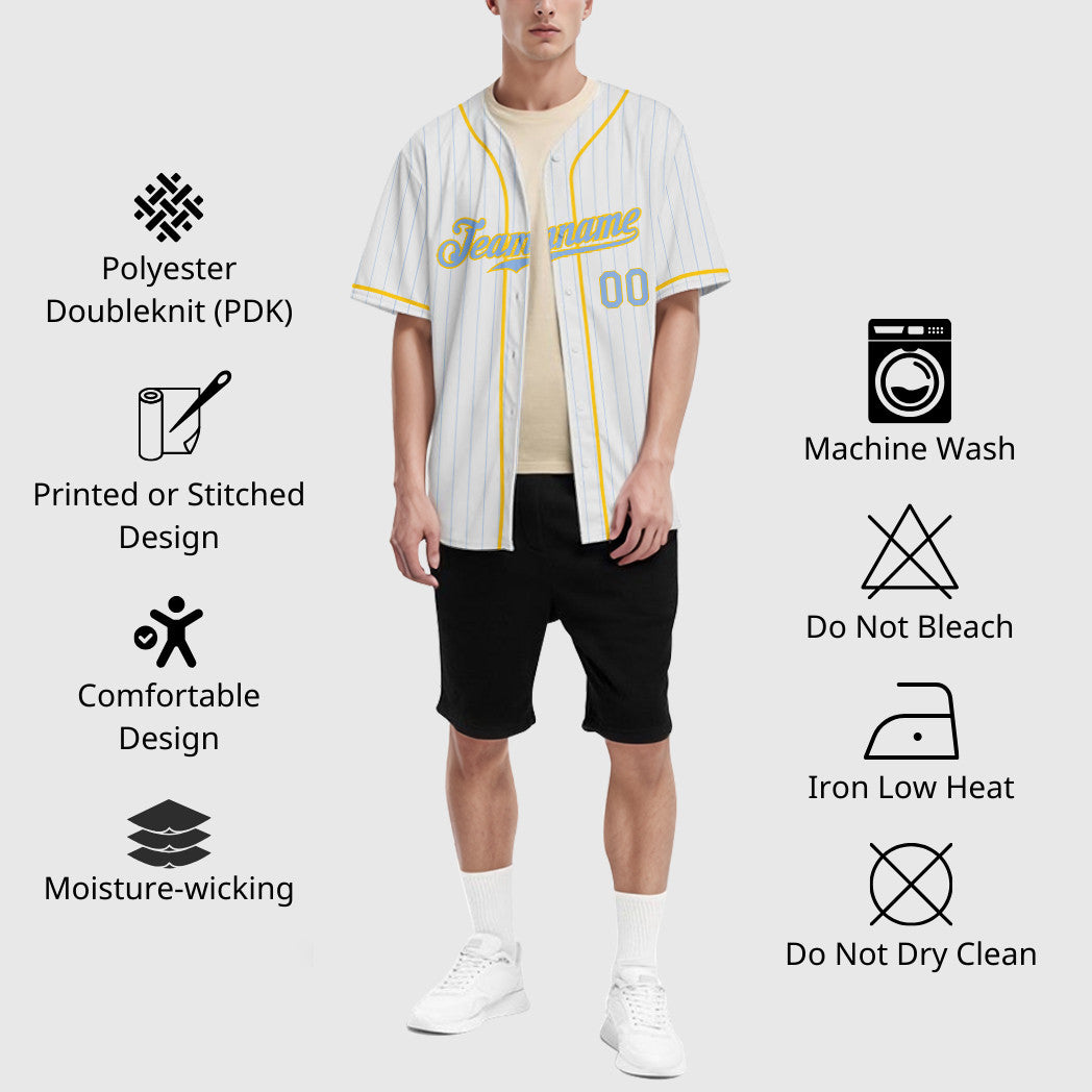 Custom White Light Blue Light Blue-Yellow Piping Pinstripe Baseball Jersey