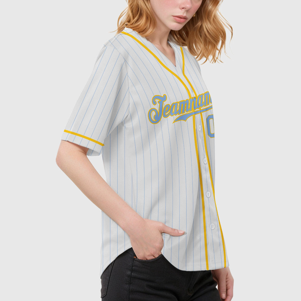 Custom White Light Blue Light Blue-Yellow Piping Pinstripe Baseball Jersey