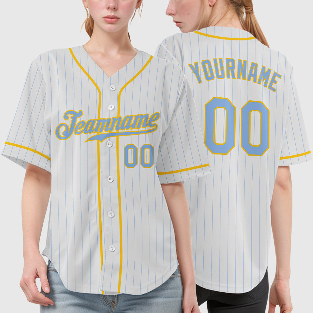 Custom White Light Blue Light Blue-Yellow Piping Pinstripe Baseball Jersey