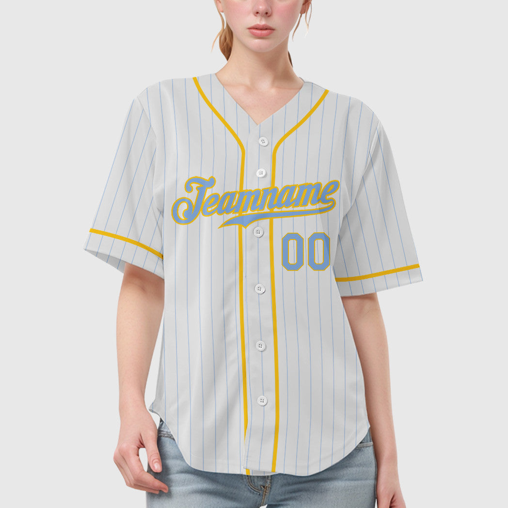 Custom White Light Blue Light Blue-Yellow Piping Pinstripe Baseball Jersey