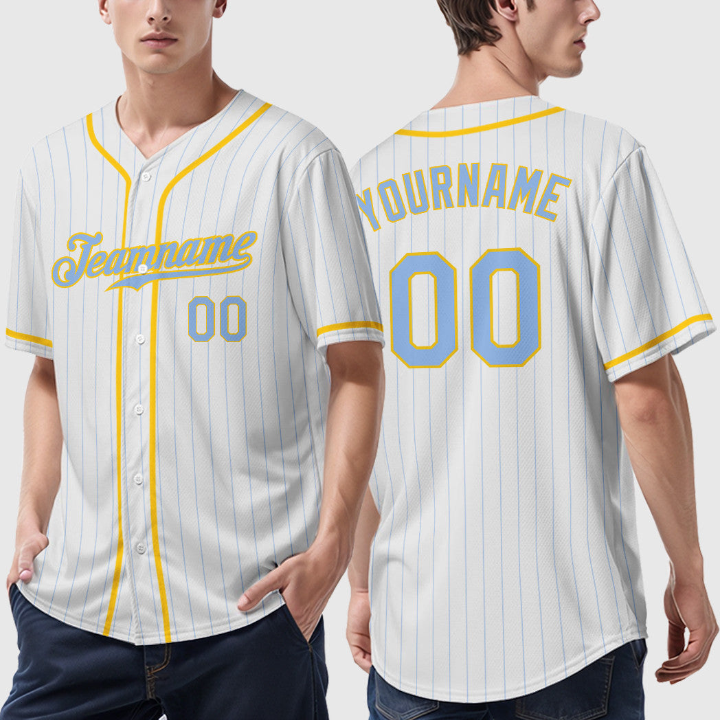 Custom White Light Blue Light Blue-Yellow Piping Pinstripe Baseball Jersey