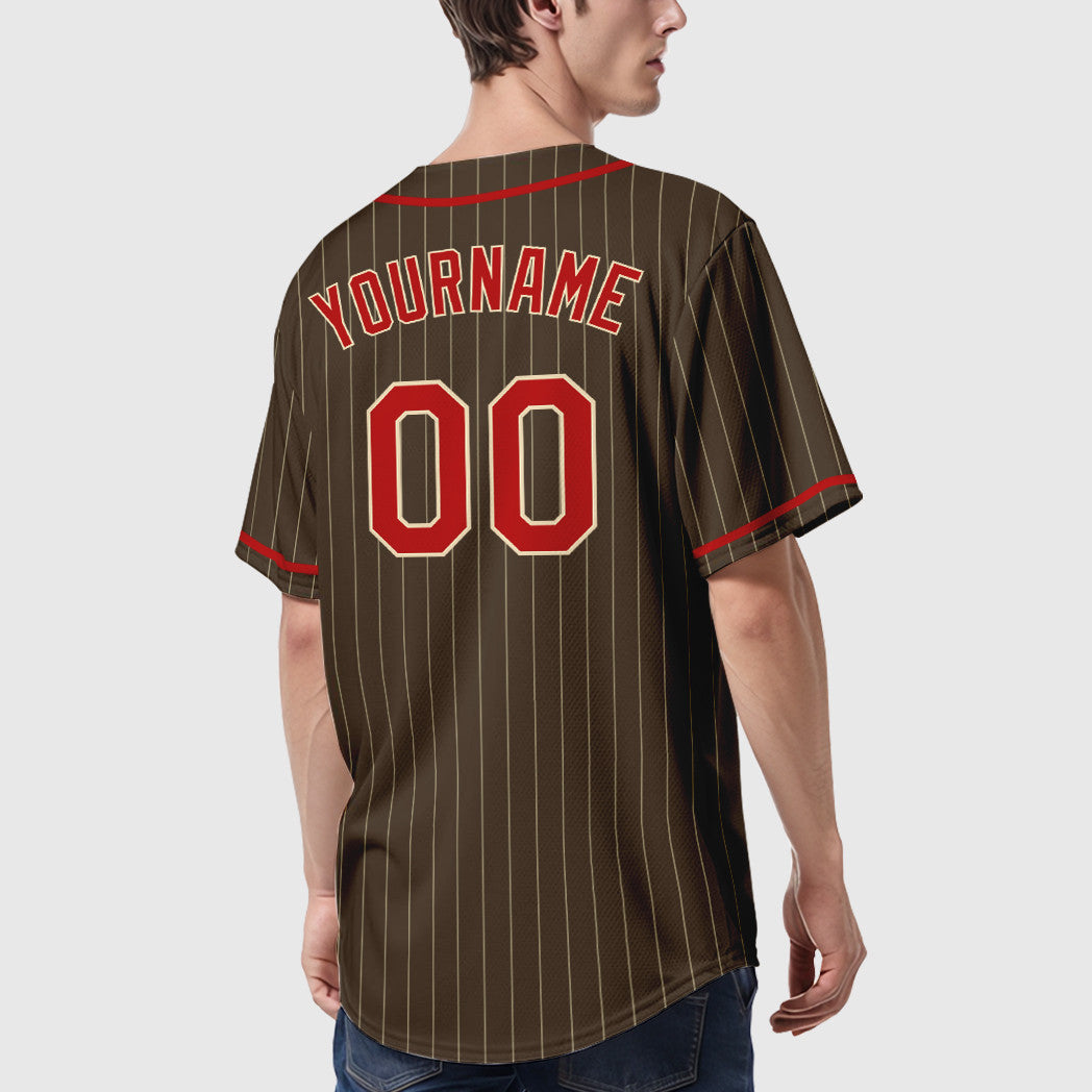 Custom Brown Cream Red-Cream Piping Pinstripe Baseball Jersey