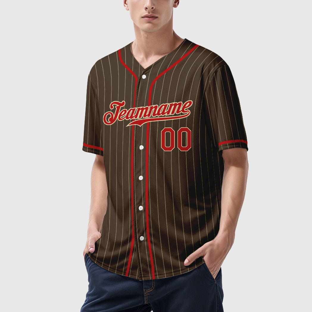 Custom Brown Cream Red-Cream Piping Pinstripe Baseball Jersey