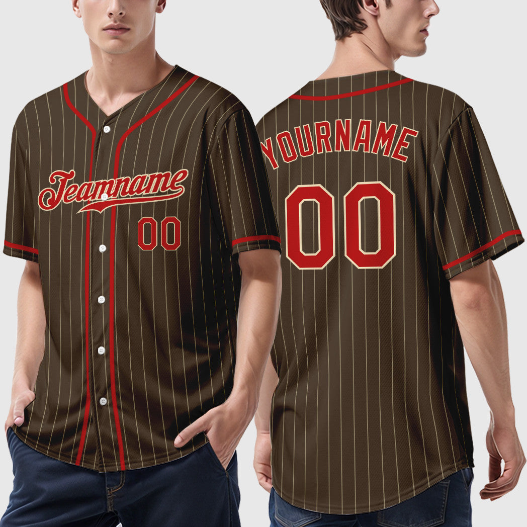 Custom Brown Cream Red-Cream Piping Pinstripe Baseball Jersey