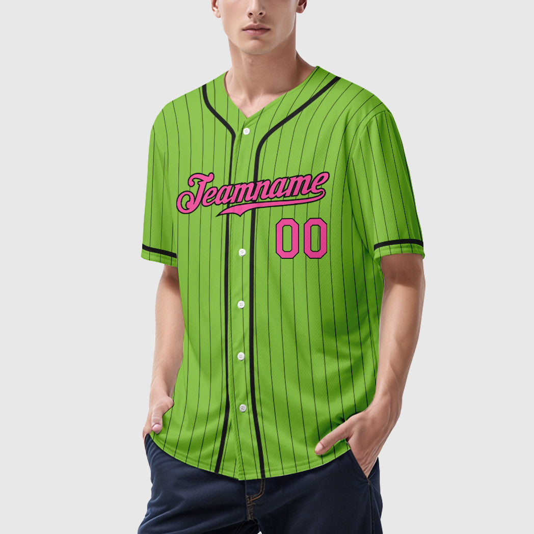 Custom Neon Green Black Pink-Black Piping Pinstripe Baseball Jersey