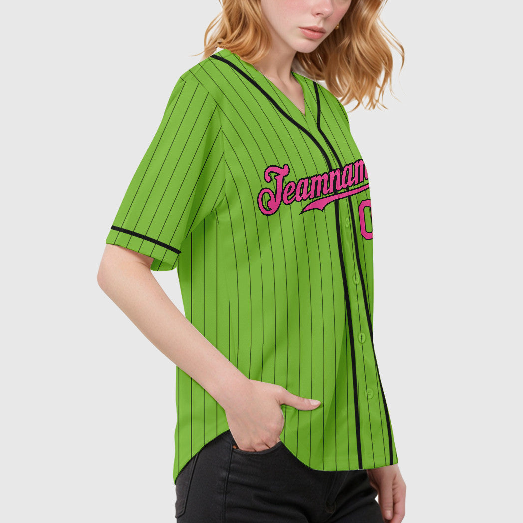 Custom Neon Green Black Pink-Black Piping Pinstripe Baseball Jersey