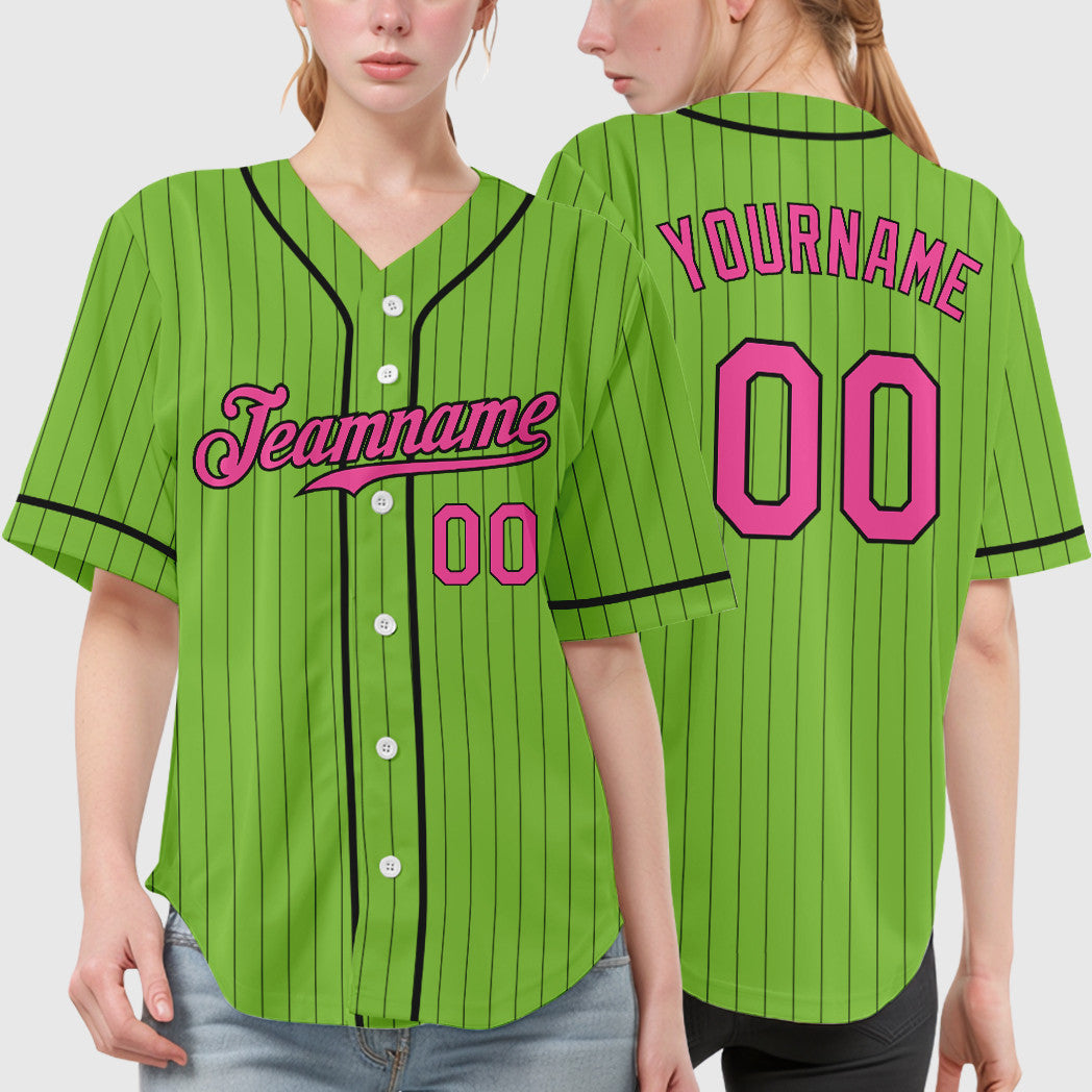 Custom Neon Green Black Pink-Black Piping Pinstripe Baseball Jersey