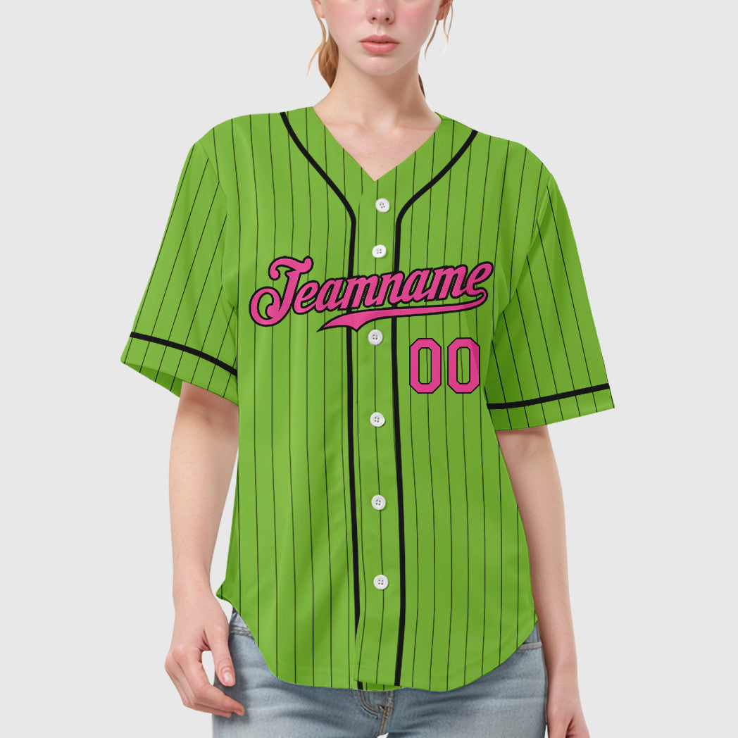Custom Neon Green Black Pink-Black Piping Pinstripe Baseball Jersey