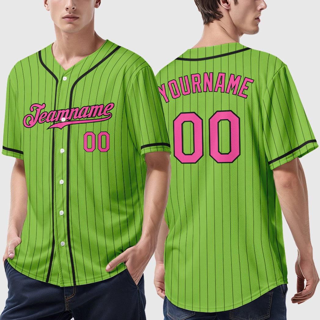 Custom Neon Green Black Pink-Black Piping Pinstripe Baseball Jersey