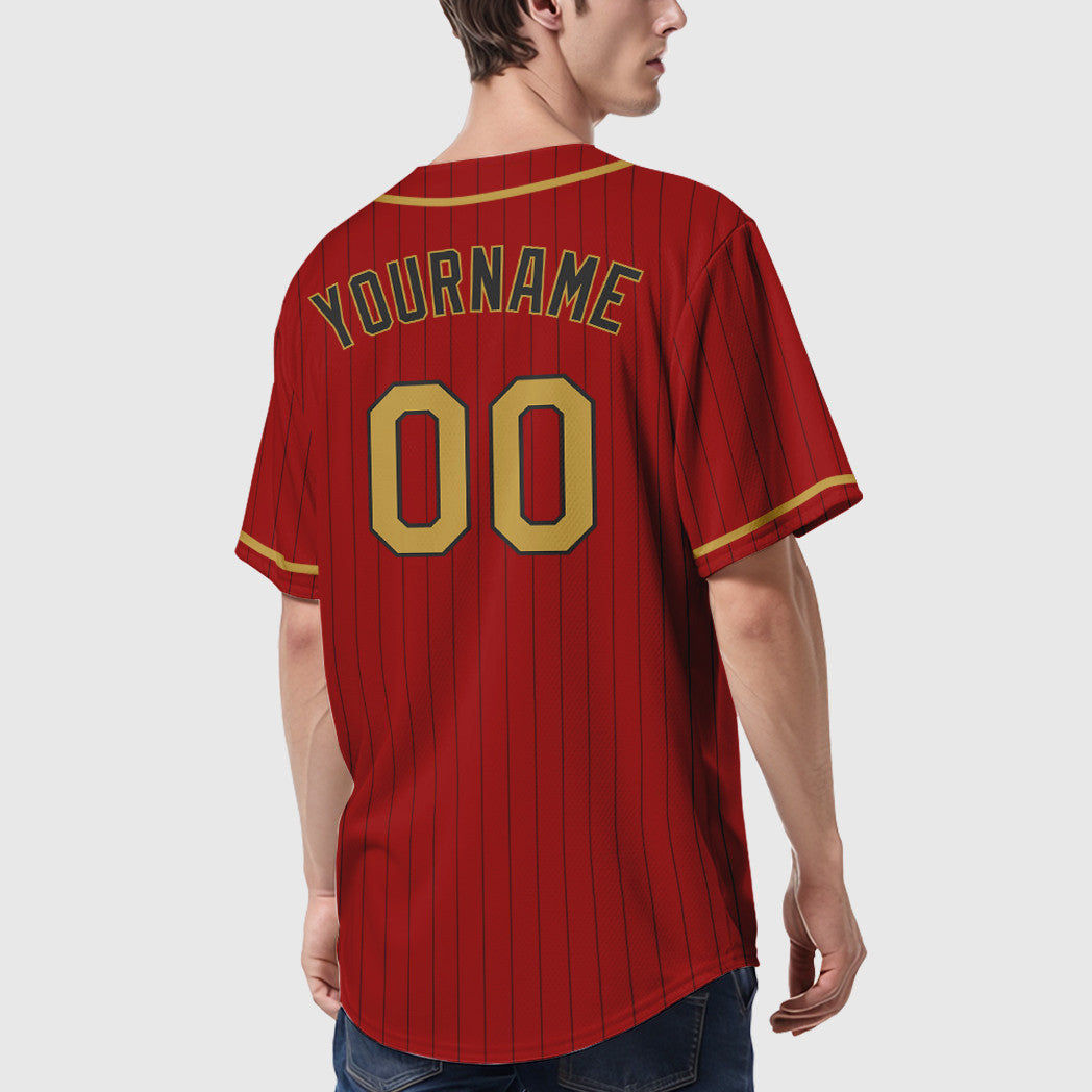 Custom Red Black Old Gold Piping Pinstripe Baseball Jersey