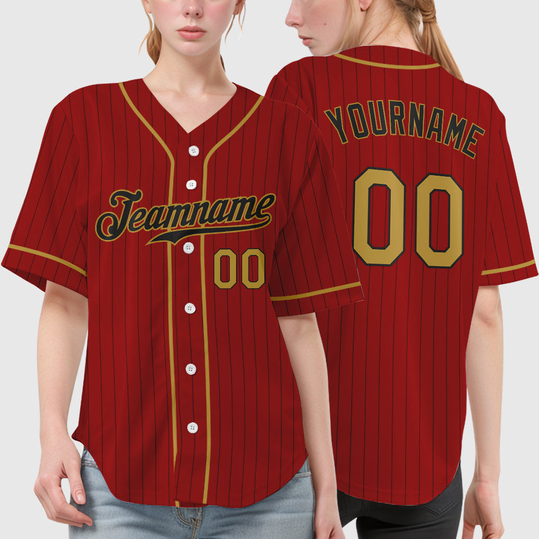 Custom Red Black Old Gold Piping Pinstripe Baseball Jersey